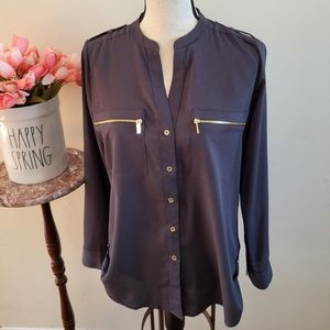 Calvin Klein Women's Adjustable Sleeve Black Top S Charcoal Gray